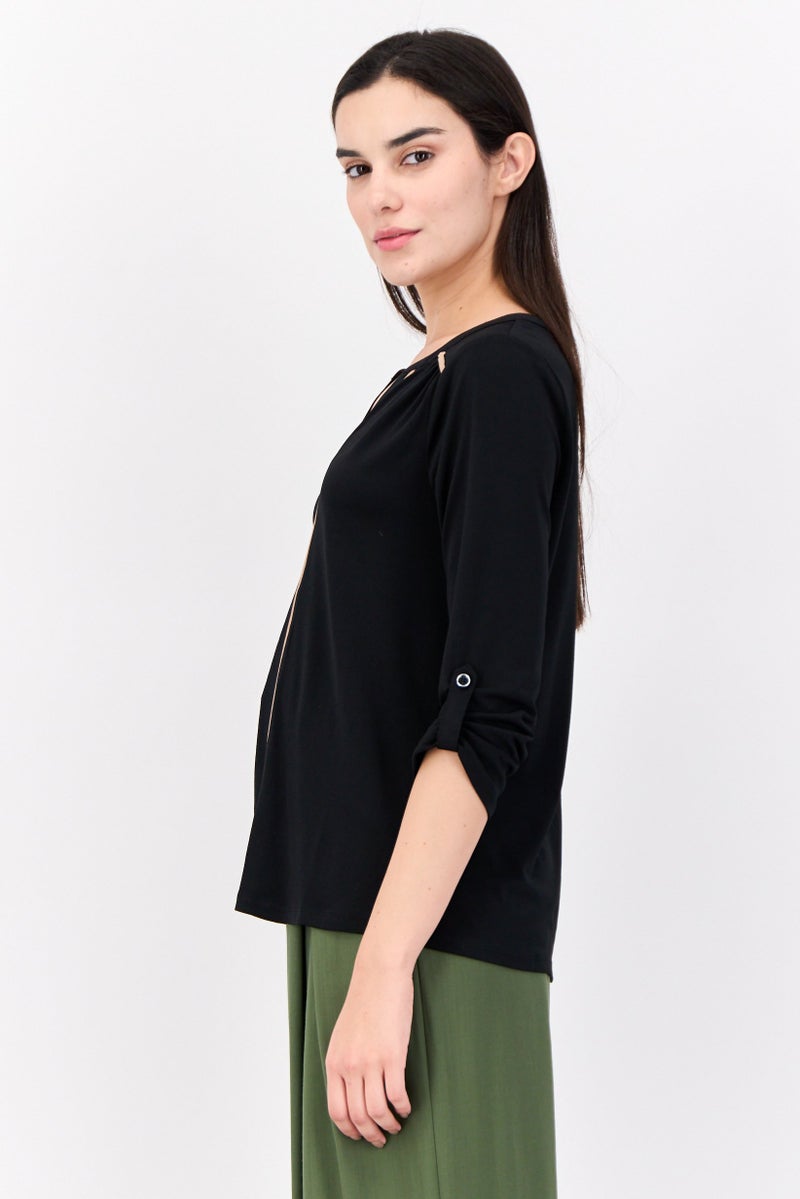 Cable & Gauge Women V Neck 3/4 Sleeves Stripe Blouse, Black  - Image 2