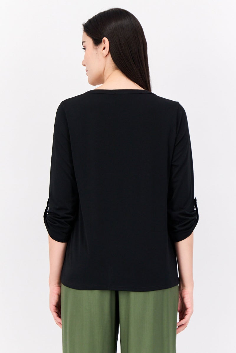 Cable & Gauge Women V Neck 3/4 Sleeves Stripe Blouse, Black  - Image 3