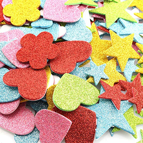 Tegg Glitter Foam Stickers Self Adhesive 150PCS Assorted Colors Love Heart Stars Shapes and Flowers Shapes Stickers for Greeting Cards Home Decoration - Image 5