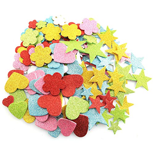 Tegg Glitter Foam Stickers Self Adhesive 150PCS Assorted Colors Love Heart Stars Shapes and Flowers Shapes Stickers for Greeting Cards Home Decoration - Image 1