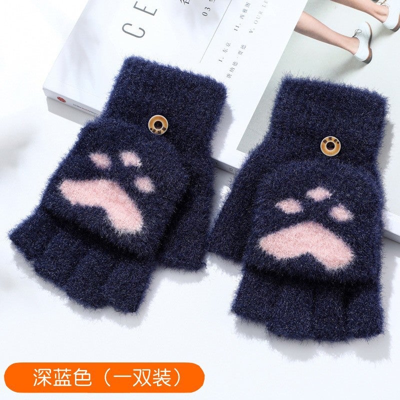 Cats Claw Gloves Womens Winter Warm fleece-lined Thickened Student Trendy Writing Cycling Cute Knitted Half Finger Flip Cover Gloves Cat claw navy blue