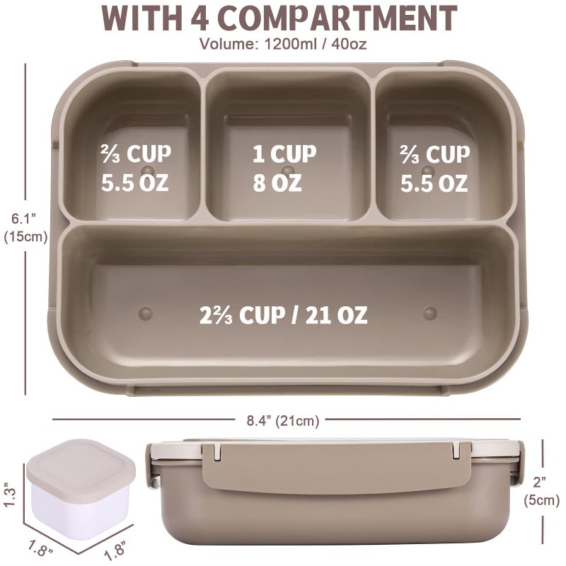 shell and turtle Bento Box Adult Lunch Box, Containers for Adults Men Women with 4 Compartments, Lunchable Food Container with Utensils, Sauce Jar, Muffin Liners, 40 Oz/5 Cup, Microwave & Dishwasher Safe, Brown - Image 2