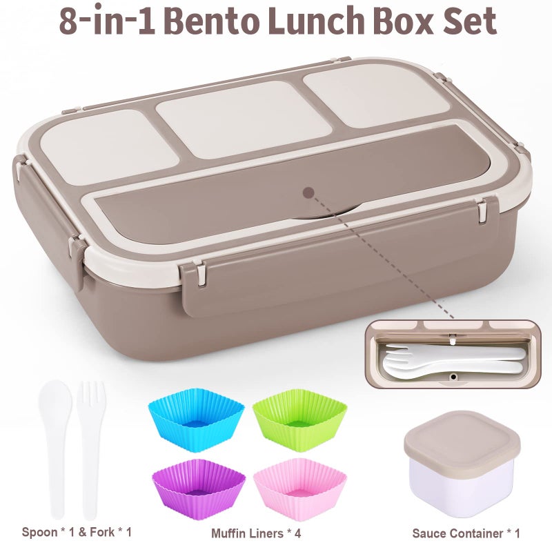 shell and turtle Bento Box Adult Lunch Box, Containers for Adults Men Women with 4 Compartments, Lunchable Food Container with Utensils, Sauce Jar, Muffin Liners, 40 Oz/5 Cup, Microwave & Dishwasher Safe, Brown - Image 5