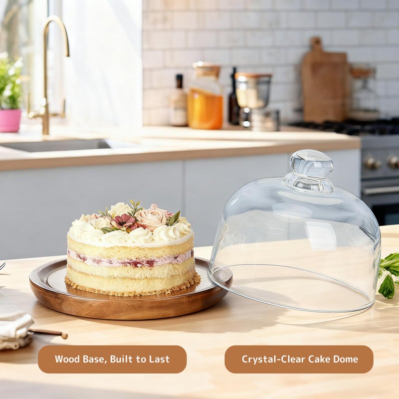 Ikerall 6 Inch Wooden Base Small Cake Display Stand with Glass Dome,Cloche Clear Glass Bell Jar Cover for Dessert Cheese Candy Plants Succulents - Image 5