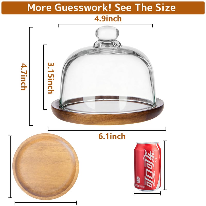 Ikerall 6 Inch Wooden Base Small Cake Display Stand with Glass Dome,Cloche Clear Glass Bell Jar Cover for Dessert Cheese Candy Plants Succulents - Image 2