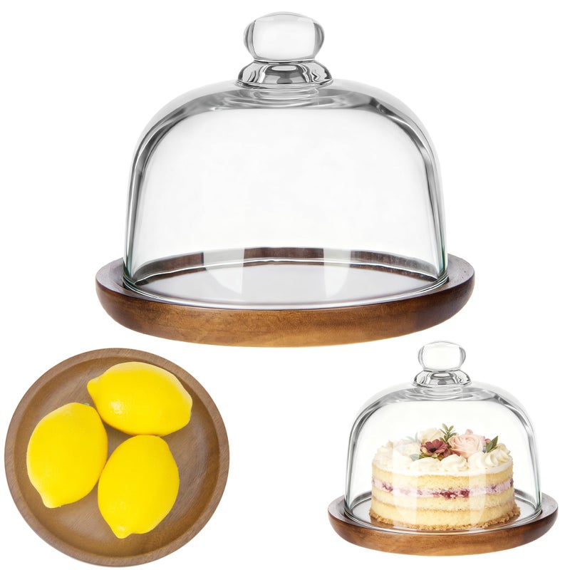 Ikerall 6 Inch Wooden Base Small Cake Display Stand with Glass Dome,Cloche Clear Glass Bell Jar Cover for Dessert Cheese Candy Plants Succulents - Image 1