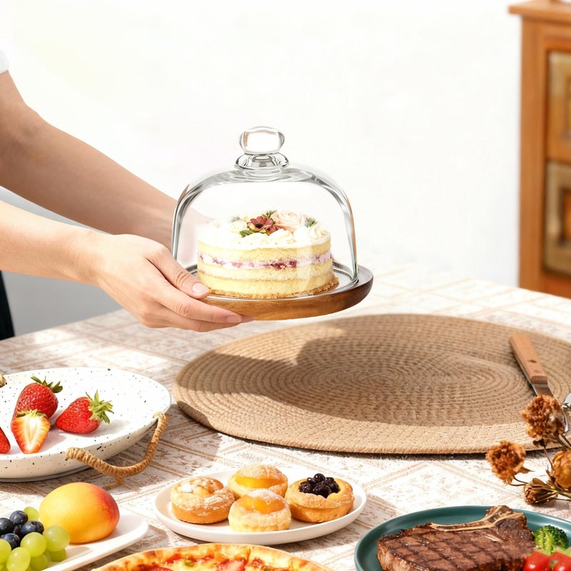 Ikerall 6 Inch Wooden Base Small Cake Display Stand with Glass Dome,Cloche Clear Glass Bell Jar Cover for Dessert Cheese Candy Plants Succulents - Image 4