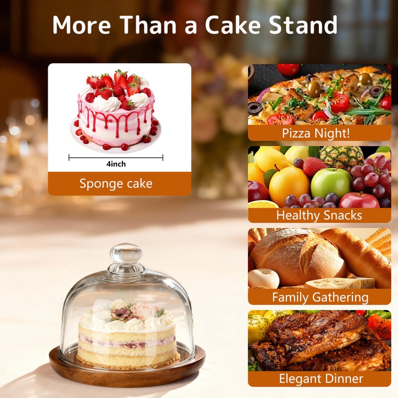 Ikerall 6 Inch Wooden Base Small Cake Display Stand with Glass Dome,Cloche Clear Glass Bell Jar Cover for Dessert Cheese Candy Plants Succulents - Image 3
