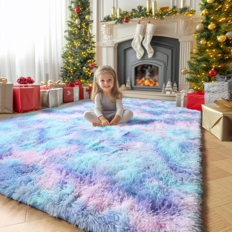 Amdrebio Blue Purple Rainbow Rugs for Bedroom Girls Room Decor, 5x7 Fluffy Cute Area Rugs for Kids Room Playroom Nursery Dorm, Mermaid Stitch Frozen Fuzzy Carpet, Plush Kawaii Furry Baby Toddler Rug - Image 1