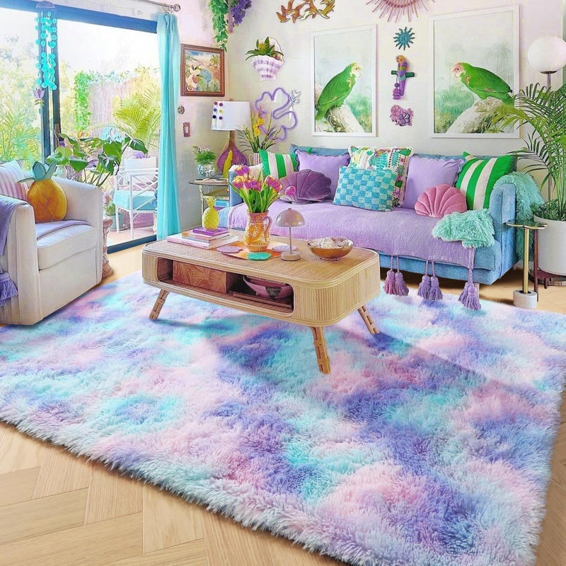Amdrebio Blue Purple Rainbow Rugs for Bedroom Girls Room Decor, 5x7 Fluffy Cute Area Rugs for Kids Room Playroom Nursery Dorm, Mermaid Stitch Frozen Fuzzy Carpet, Plush Kawaii Furry Baby Toddler Rug - Image 5