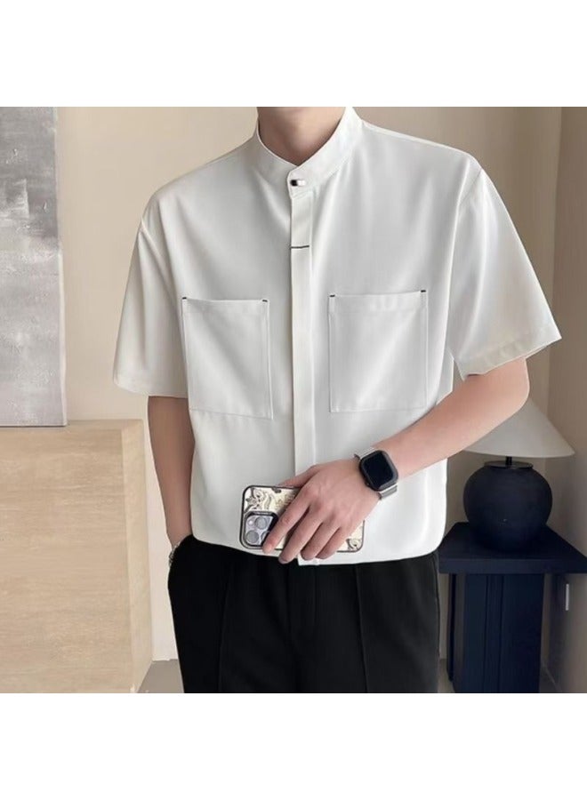Summer New Style Handsome Boys' Drapey Stand-up Collar Shirt Men's Short-sleeved Loose New Chinese Style Men's Shirt Tops