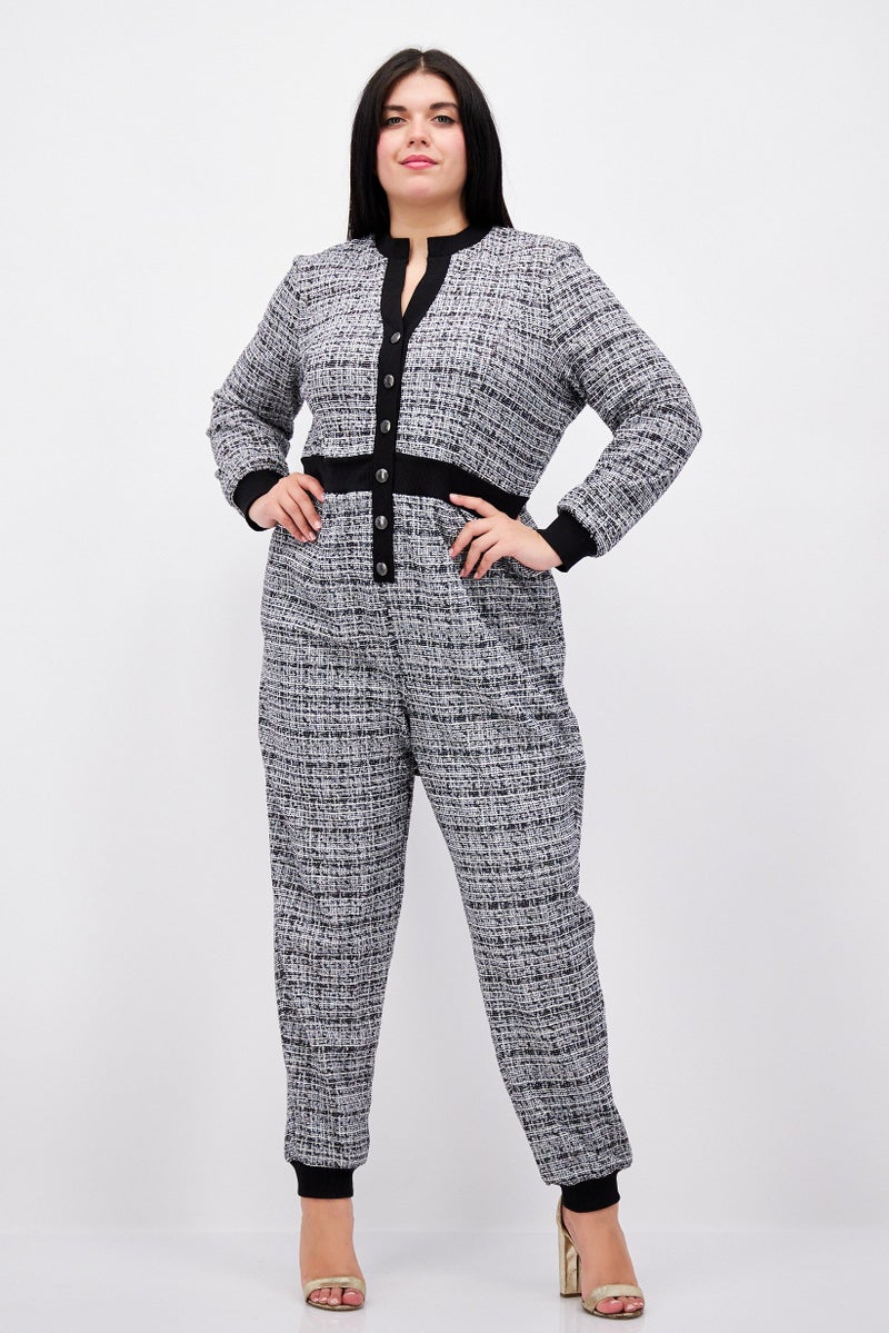 Nina Parker Women Plus Size Textured Long Sleeve Jumpsuit, Black  - Image 1