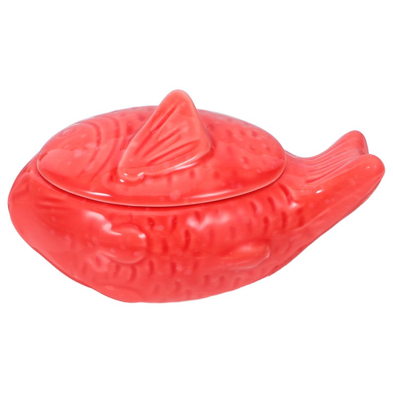 Japanese Ceramic Fish Shaped Sauce Bowl Lid Soy Sauce Wasabi Chili Oil Container Dishwasher Safe Red - Image 2
