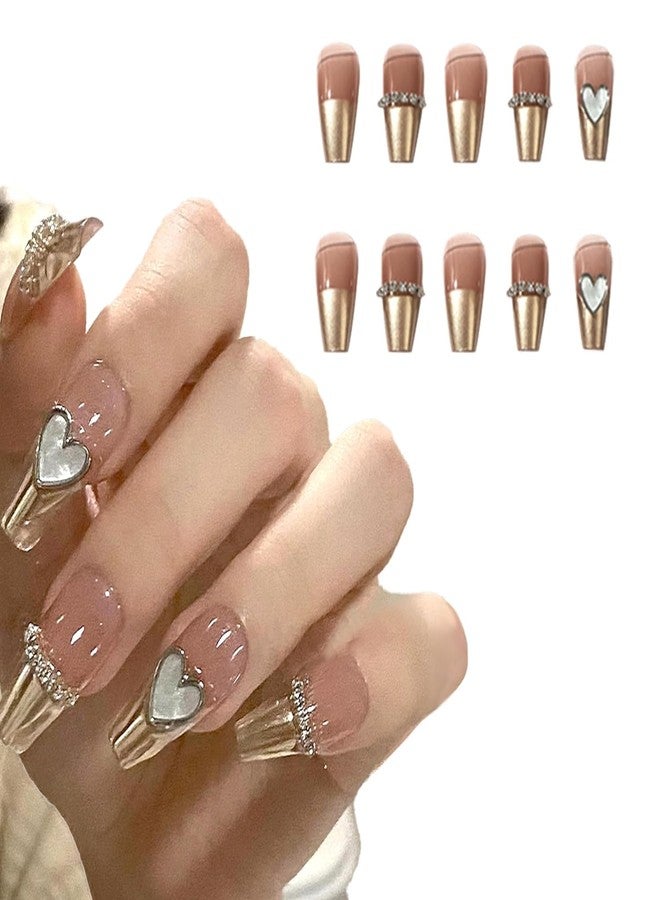 BLISS START Gold Press on Nails Tips Heart Coffin Fake Nails Full Cover For Girl & Women,Artificial Nail Extensions with Nail Glue Stickers,Lightweight & Long Lasting - (24 Pcs) 1 Box. - Image 1