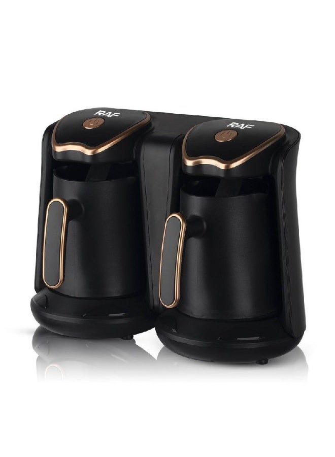 RAF Dual Turkish Coffee Maker, Model R.109.  This machine features the ability to brew coffee in two separate pots simultaneously, making it ideal for families or offices.  Key Specifications: Power: 1200W (600W per pot). Capacity: 600ml total (300ml per pot); sufficient for 4 to 8 cups. Operation System: Independent power button for each pot, allowing the use of only one side when needed. Safety: Equipped with a smart overflow prevention sensor and a dry-boil protection sensor (prevents operation without water). Brewing Speed: Capable of brewing coffee in under 3 minutes thanks to its high power. Code: 10190023 - Image 1