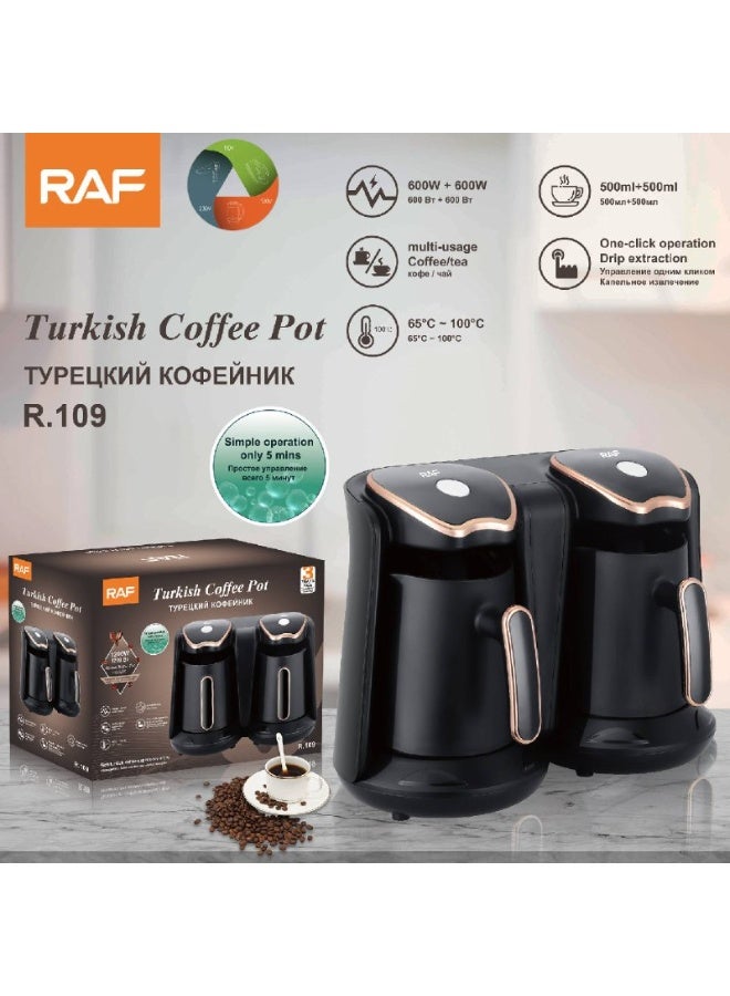 RAF Dual Turkish Coffee Maker, Model R.109.  This machine features the ability to brew coffee in two separate pots simultaneously, making it ideal for families or offices.  Key Specifications: Power: 1200W (600W per pot). Capacity: 600ml total (300ml per pot); sufficient for 4 to 8 cups. Operation System: Independent power button for each pot, allowing the use of only one side when needed. Safety: Equipped with a smart overflow prevention sensor and a dry-boil protection sensor (prevents operation without water). Brewing Speed: Capable of brewing coffee in under 3 minutes thanks to its high power. Code: 10190023 - Image 2