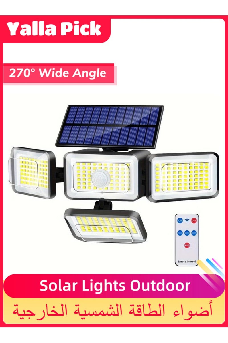 يلا بيك مصابيح شمسية ،  مصباح LED 2800 لومن بمستشعر حركة بالطاقة الشمسية مع جهاز تحكم عن بعد، 4 رؤوس lP65، مصابيح امان شمسية مقاومة للماء لجدار الفناء - Image 1