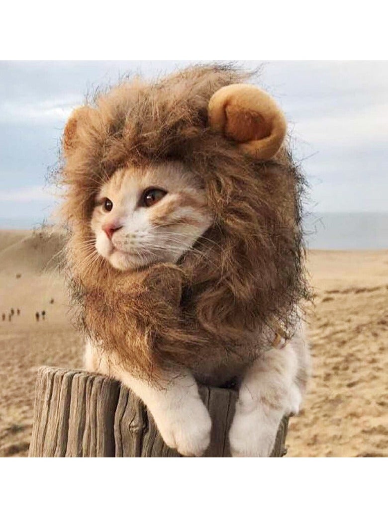 Cute Cat Lion Mane Wig Headgear Costume Hat for Cat & Dog Brown,L - Image 1