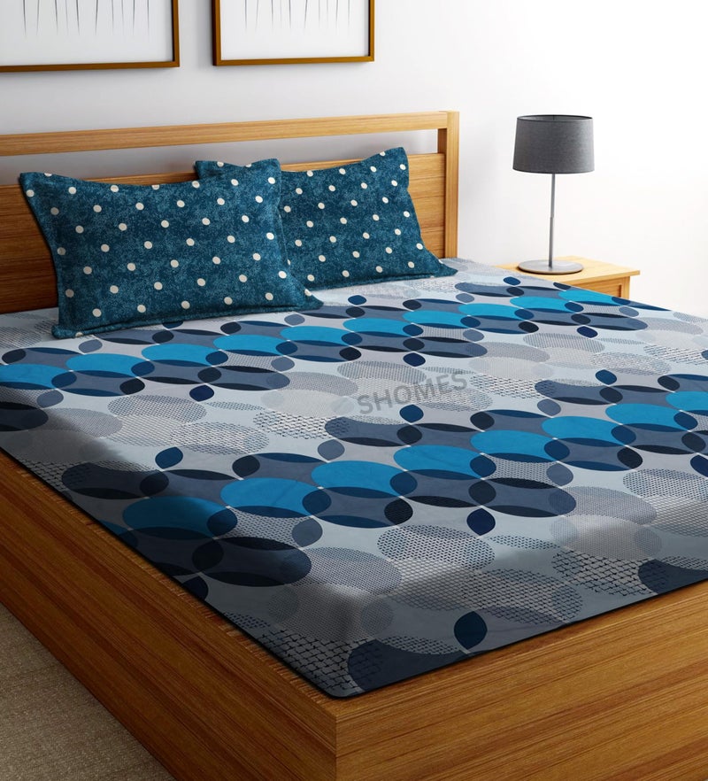 SHOMES 250 TC 100% Glace Cotton Flat Bedsheet for Double/King Size Bed | Floral Design Bed Spread with 2 Pillow Covers | Soft Breathable & Wrinkle Free Bedsheets/Bedcover (90 x 95 Inches | Blue, Grey) - Image 1