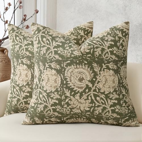 DKwizme Vintage Floral Print Throw Pillow Covers 20x20 Set of 2 Neutral Modern Farmhouse Pillowcase Accent Decorative Cushion Covers Boho Home Decor for Couch Sofa Chair Bed Living Room, Olive Green - Image 1