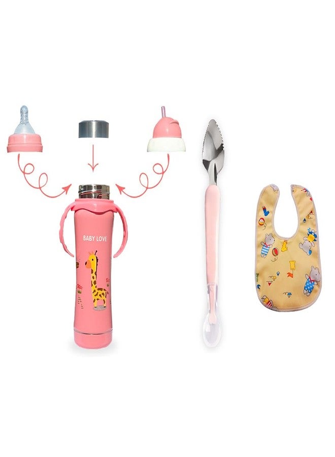 JOYFILLS 3-in-1 Stainless Steel 1 Baby Feeding Bottle Set 240ml with 1 Bib and 2 in 1 Spoon Multi-Functional Sipper for 0-60 Months (Assorted Color) - Image 1