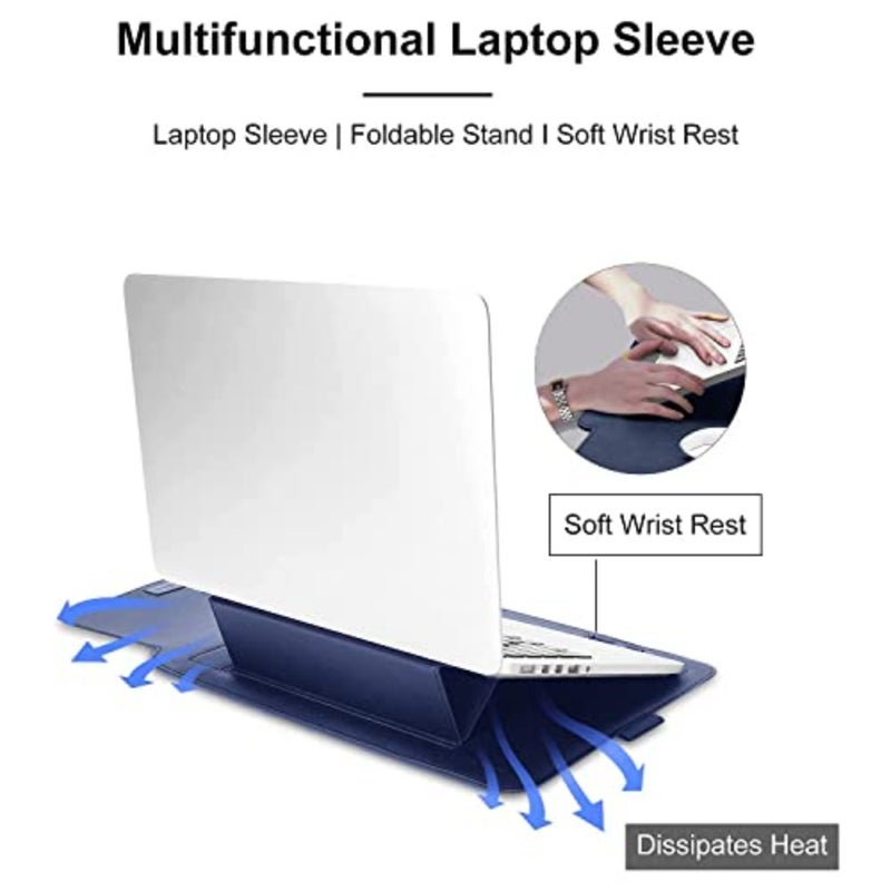 حافظة كمبيوتر محمول مقاس 13 بوصة لجهاز MacBook Air/Pro، حافظة رفيعة ذات وظيفة الوقوف مصنوعة من النايلون الأزرق الداكن مع امتصاص الصدمات وحماية من الخدوش - Image 2