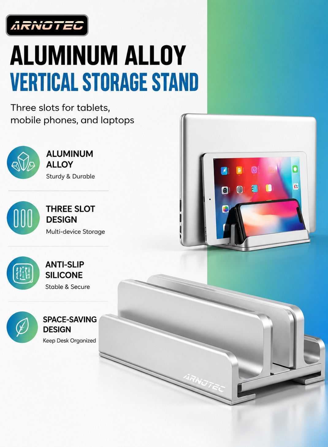 ARNOTEC Adjustable 3-Slot Vertical Laptop Stand – Aluminum Desktop Organizer for MacBook, Tablets & Phones – Space-Saving Holder with Non-Slip Silicone, Adjustable Width, Universal Compatibility