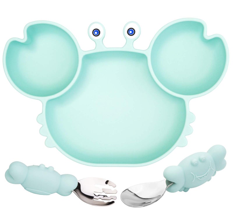 Linowos Silicone Suction Plate for Toddlers with Fork Spoon Set - Self Feeding Training Divided Plate Dish and Bowl for Baby and Toddler, Fits for Most Highchairs Trays (Cyan) - Image 1
