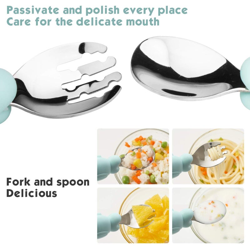 Linowos Silicone Suction Plate for Toddlers with Fork Spoon Set - Self Feeding Training Divided Plate Dish and Bowl for Baby and Toddler, Fits for Most Highchairs Trays (Cyan) - Image 3