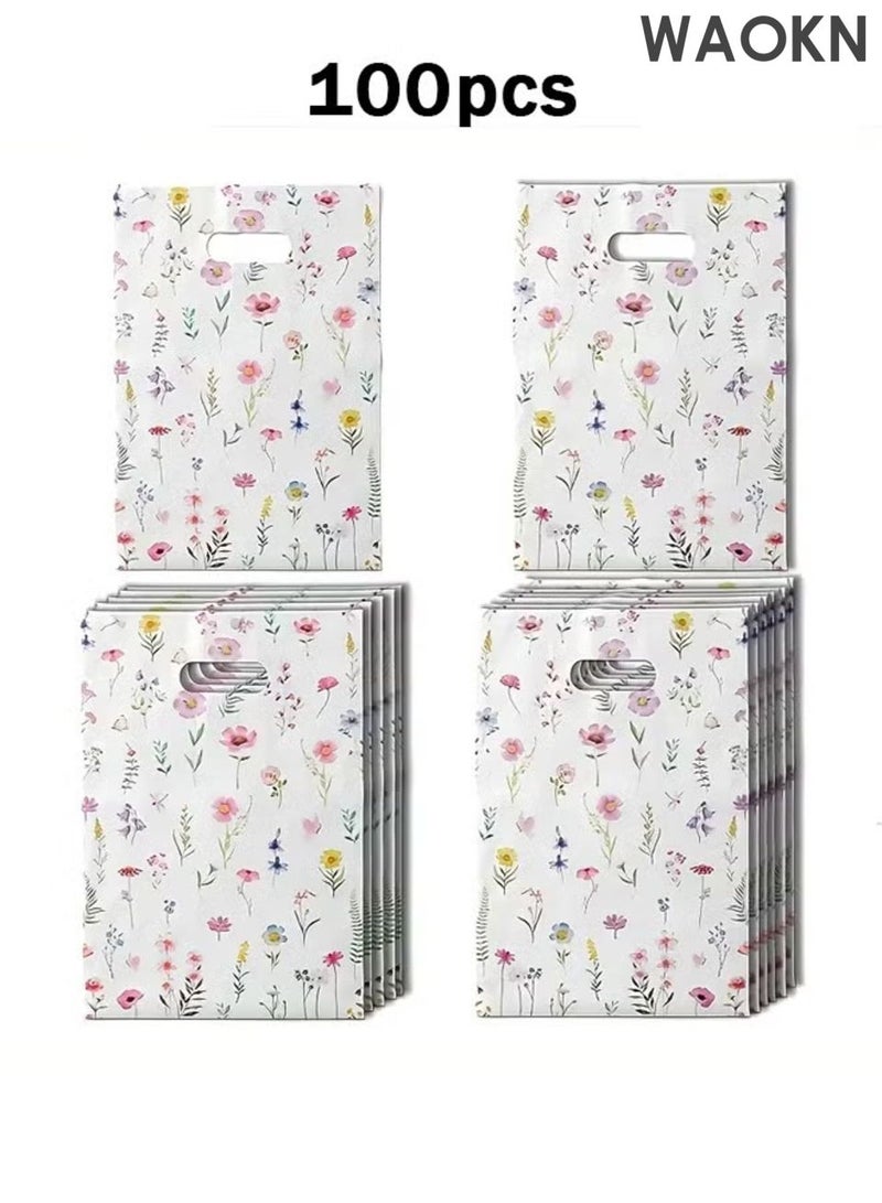 WAOKN 100pcs Adorable Flower Gift Packaging Bag, Small Gift Packaging,Plastic bags, baking packaging bags, tote bags, candy cookies with gift bags,Flower bags with Handles ,Treat Candy Bags for Birthday, Wedding, Party Supplies. - Image 1