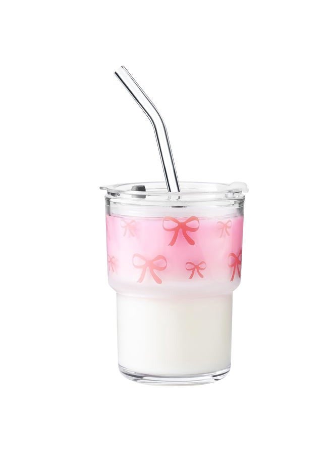 Olvini 13oz Glass Tumbler with Straw and Lid, Reusable Iced Coffee Cup Tumbler, Cute Glass Cups for Water, Matcha, Travel Coffee Mugs (Bow - 13oz) - Image 1