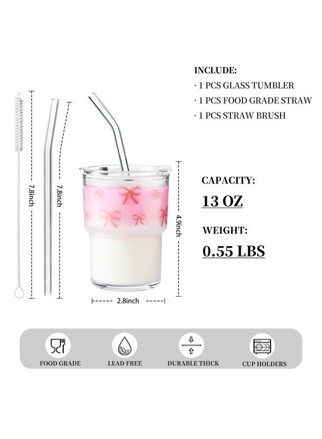 Olvini 13oz Glass Tumbler with Straw and Lid, Reusable Iced Coffee Cup Tumbler, Cute Glass Cups for Water, Matcha, Travel Coffee Mugs (Bow - 13oz) - Image 3