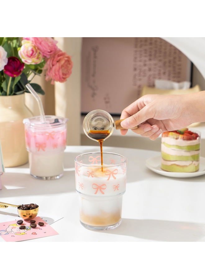 Olvini 13oz Glass Tumbler with Straw and Lid, Reusable Iced Coffee Cup Tumbler, Cute Glass Cups for Water, Matcha, Travel Coffee Mugs (Bow - 13oz) - Image 5