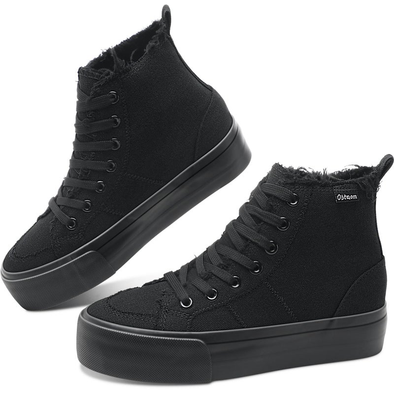 Obtaom High Top Platform Sneakers Women Mid Calf Play Canvas Shoes Washed Platform Skate Skateboard Shoe Casual Canvas Fashion Sneakers(Black Mono,US7) - Image 1