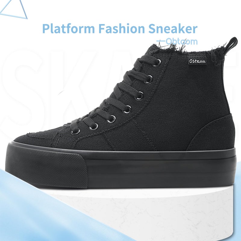 Obtaom High Top Platform Sneakers Women Mid Calf Play Canvas Shoes Washed Platform Skate Skateboard Shoe Casual Canvas Fashion Sneakers(Black Mono,US7) - Image 2