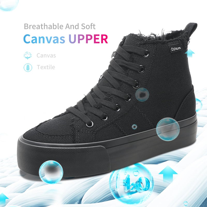 Obtaom High Top Platform Sneakers Women Mid Calf Play Canvas Shoes Washed Platform Skate Skateboard Shoe Casual Canvas Fashion Sneakers(Black Mono,US7) - Image 3