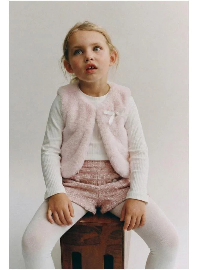 Magu Girls' Powder Pink Cotton Plush Vest and Shorts Set – Includes Ribbed Long-Sleeve Bodysuit