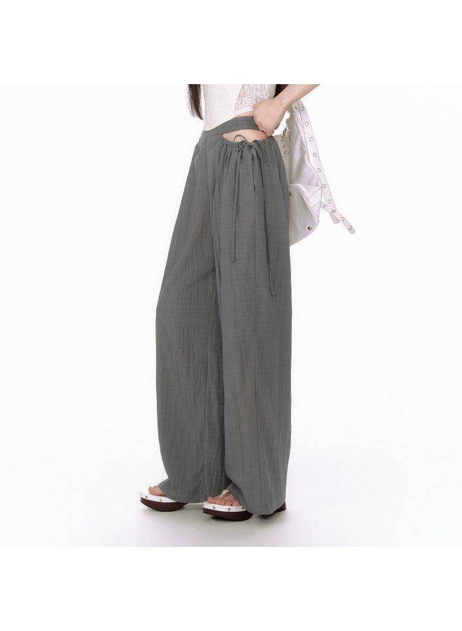 EPTISON Wide Leg Pants For Women - Summer Retro Casual Elastic Waist With Hollow-out Drawstring Design Loose Floor-length Trousers - Image 2