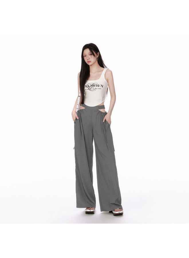 EPTISON Wide Leg Pants For Women - Summer Retro Casual Elastic Waist With Hollow-out Drawstring Design Loose Floor-length Trousers - Image 4