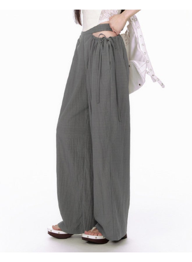 EPTISON Wide Leg Pants For Women - Summer Retro Casual Elastic Waist With Hollow-out Drawstring Design Loose Floor-length Trousers - Image 1