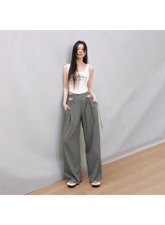 EPTISON Wide Leg Pants For Women - Summer Retro Casual Elastic Waist With Hollow-out Drawstring Design Loose Floor-length Trousers - Image 3