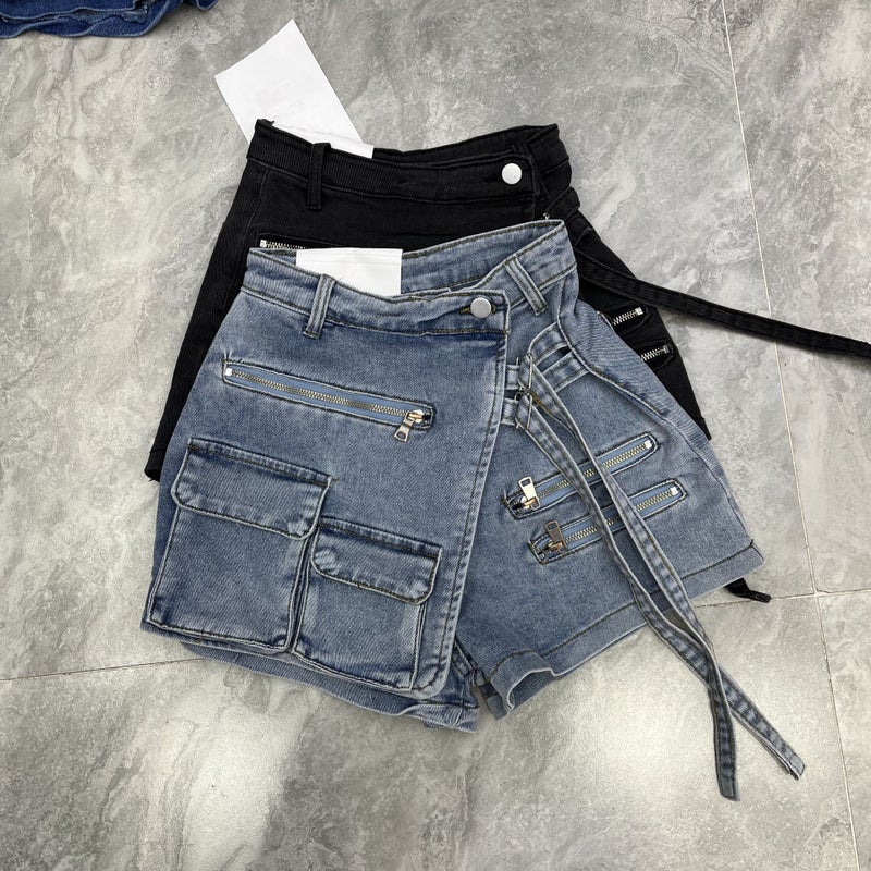 Womens Korean-style irregular multi-pocket workwear A- line shorts loose wide-leg pants 2023 Summer bottoming denim skirt Light color 11617