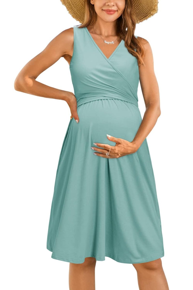 OUGES Womens Midi Nursing Maternity Dresses for Photoshoot Baby Shower Pregnancy Dress(Gray Blue,M) - Image 1