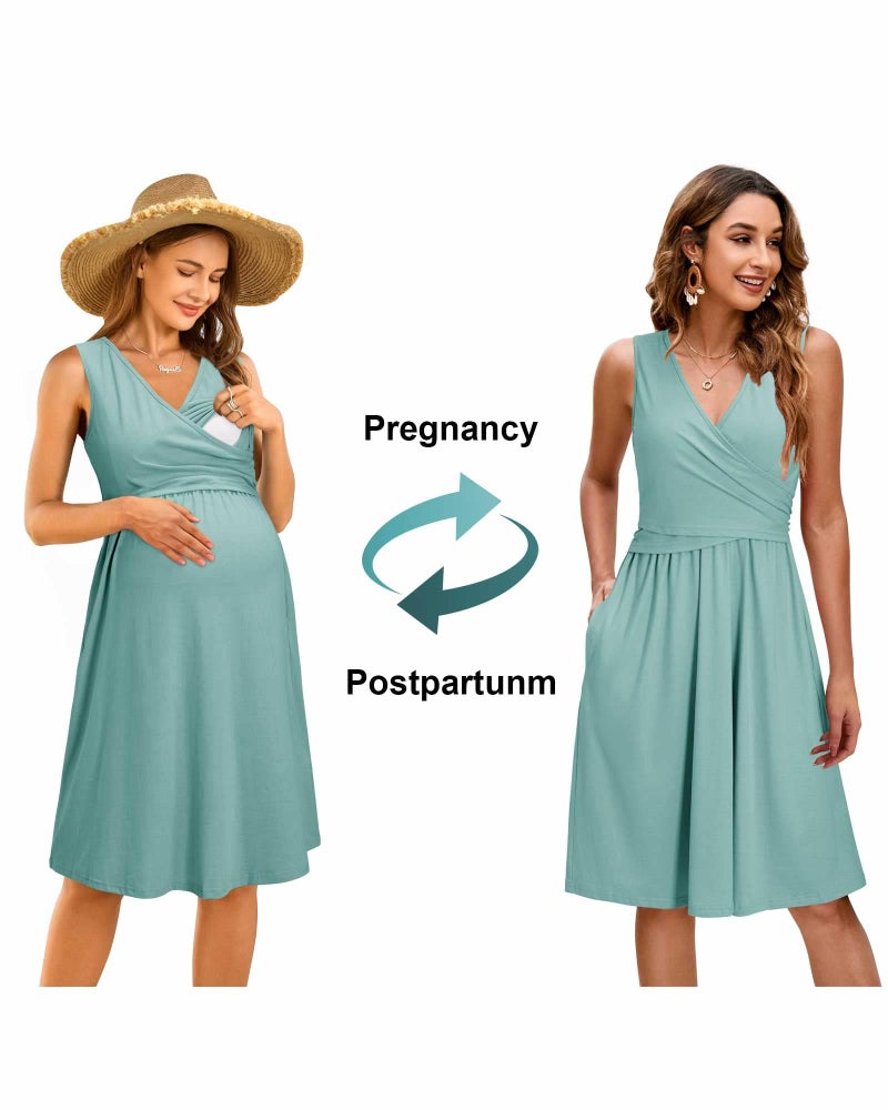 OUGES Womens Midi Nursing Maternity Dresses for Photoshoot Baby Shower Pregnancy Dress(Gray Blue,M) - Image 4