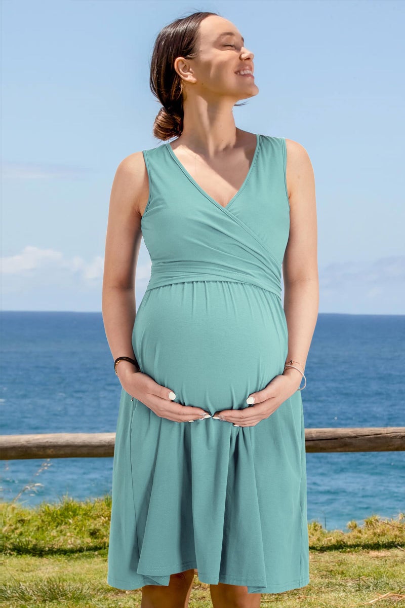 OUGES Womens Midi Nursing Maternity Dresses for Photoshoot Baby Shower Pregnancy Dress(Gray Blue,M) - Image 2