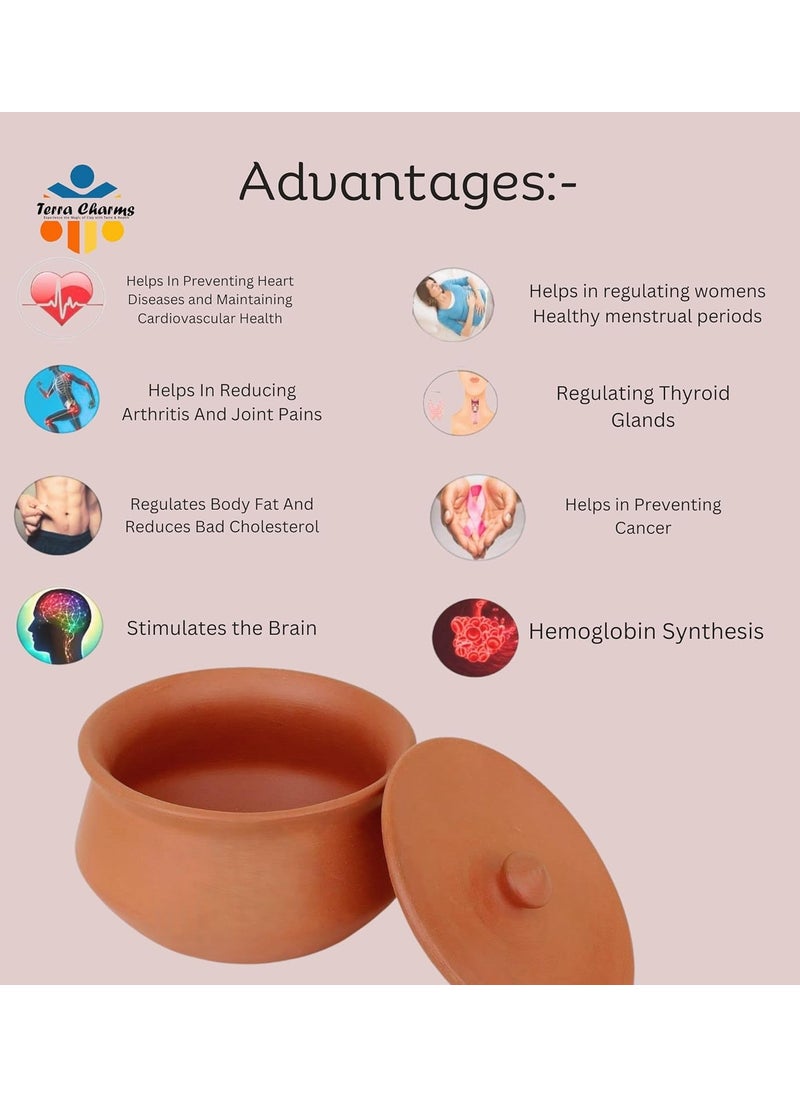 Terra Charms Terra Charms Terracotta Clay Pot with 700ML Capacity Hand Craft Making For CholeHandi for Kitchen Light Weight Curd Bowl with Lid for Cooking Pack of 1 Brown Color  - Image 4