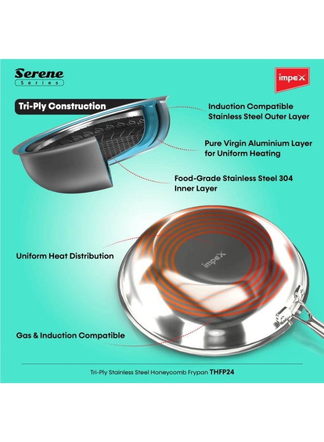 Impex Serene Triply Honeycomb Stainless Steel Frypan 24 cm | 304 Grade Stainless Steel Frypan | | No PFOA Coating | Induction Friendly Cookware, Silver - Image 3