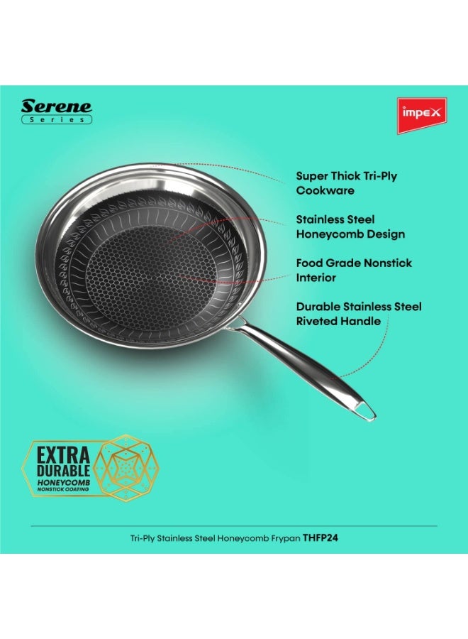 Impex Serene Triply Honeycomb Stainless Steel Frypan 24 cm | 304 Grade Stainless Steel Frypan | | No PFOA Coating | Induction Friendly Cookware, Silver - Image 2