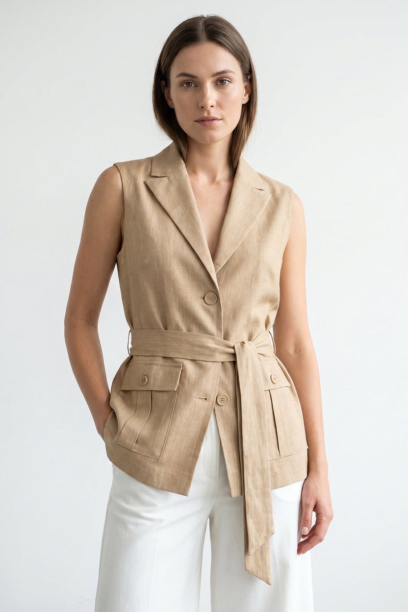 EXQUISE Safari Pocketed Belted Slit Regular Camel Vest - Image 1