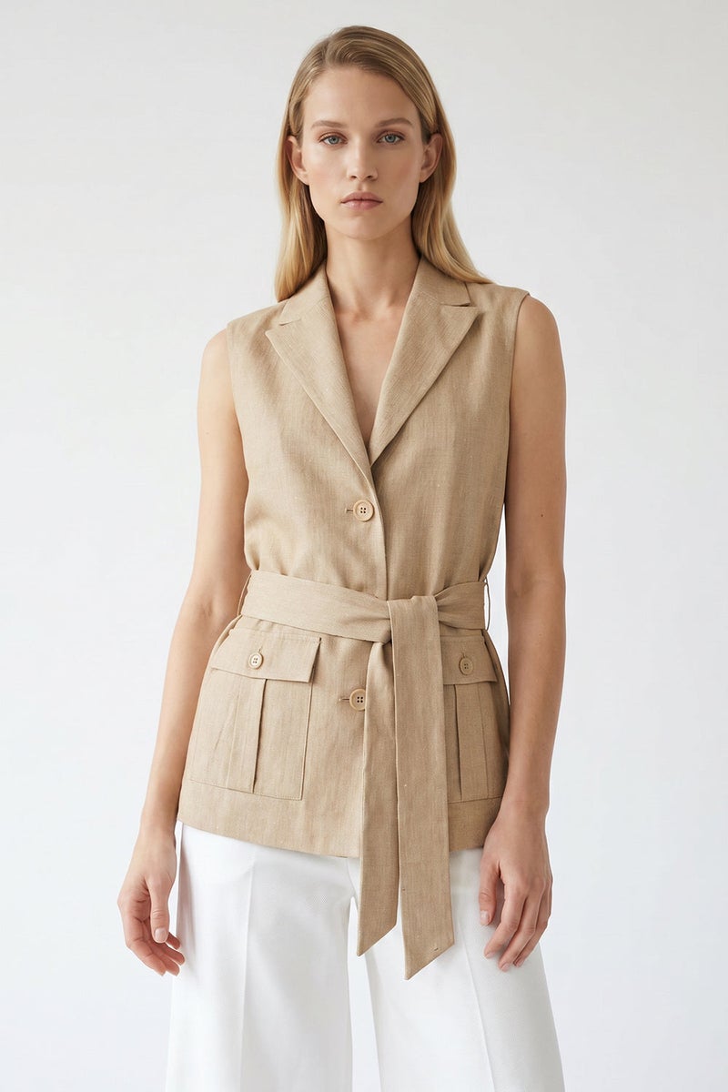 EXQUISE Safari Pocketed Belted Slit Regular Camel Vest - Image 4